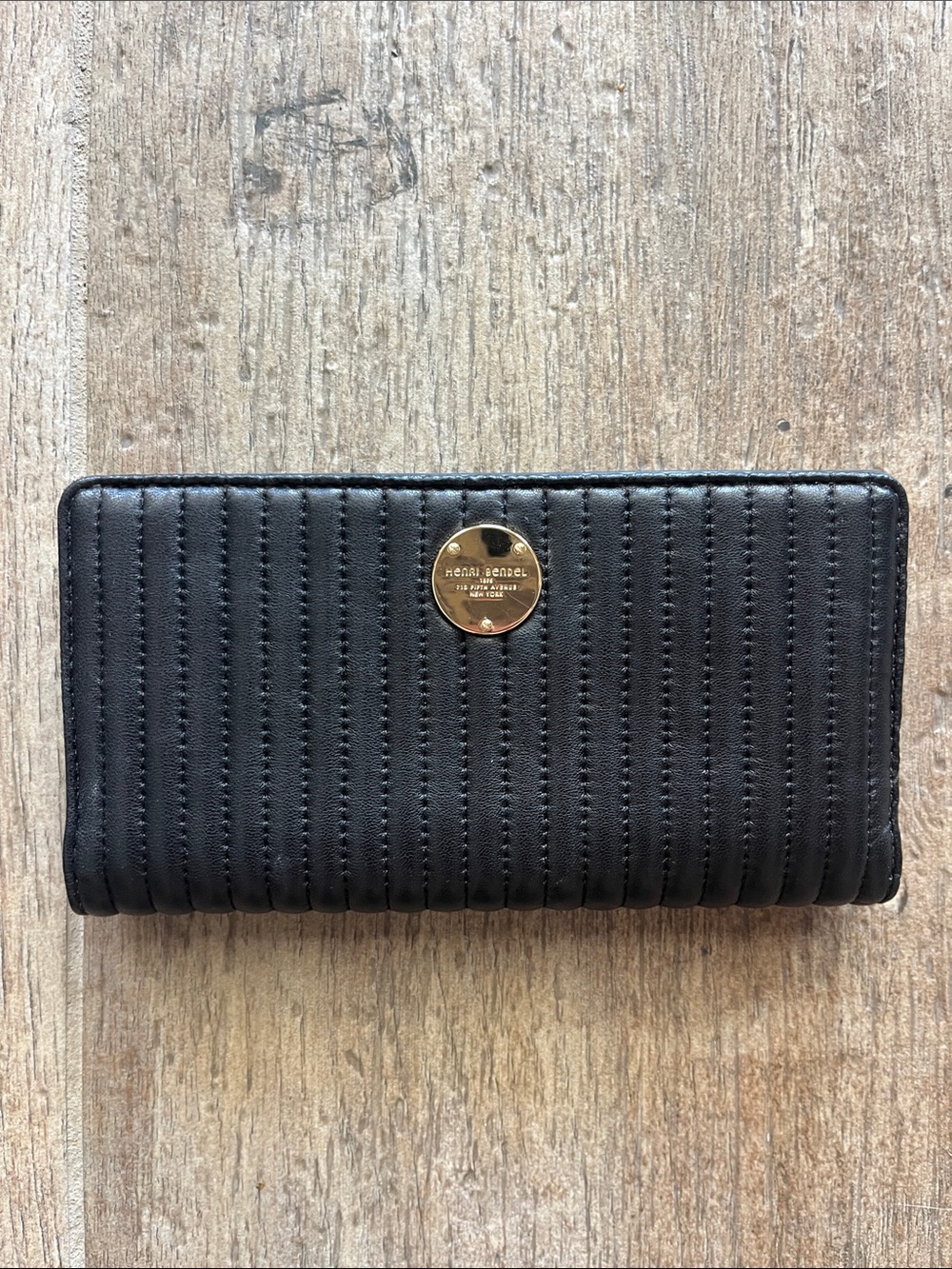 henri bendel Black Quilted Leather Continental Wallet with Gold Logo